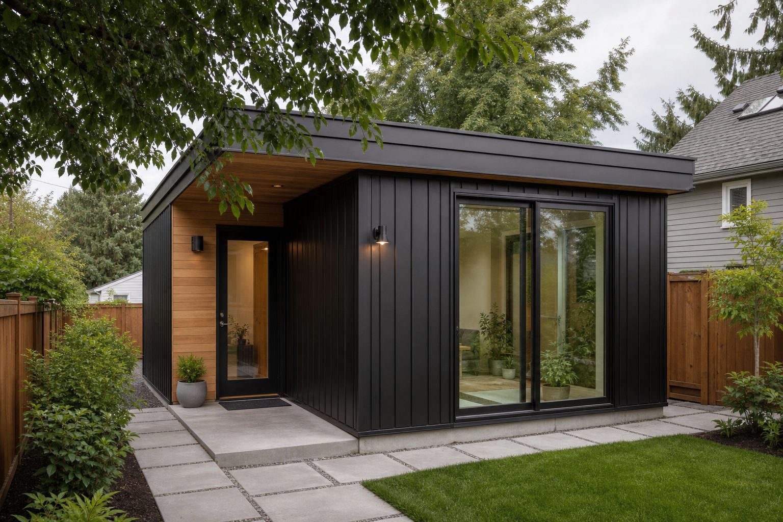 Concept image of a modern backyard ADU with black siding