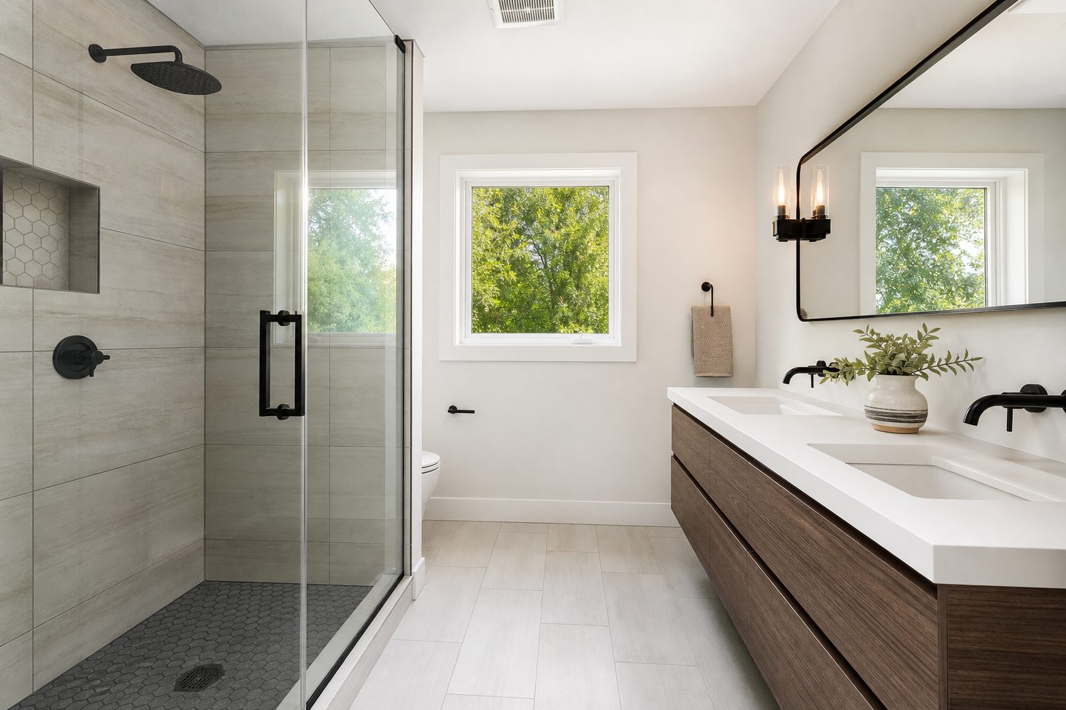 Concept image of a remodeled bathroom with a tiled walk-in shower