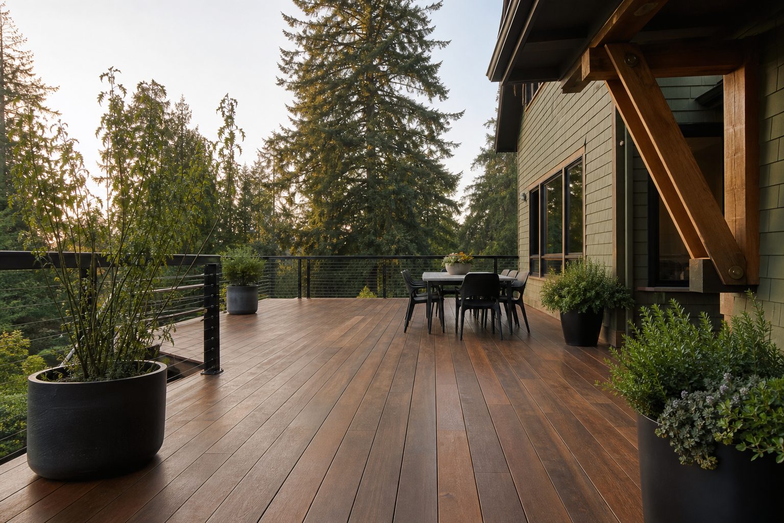 Concept image of a newly built cedar deck with metal cable railing