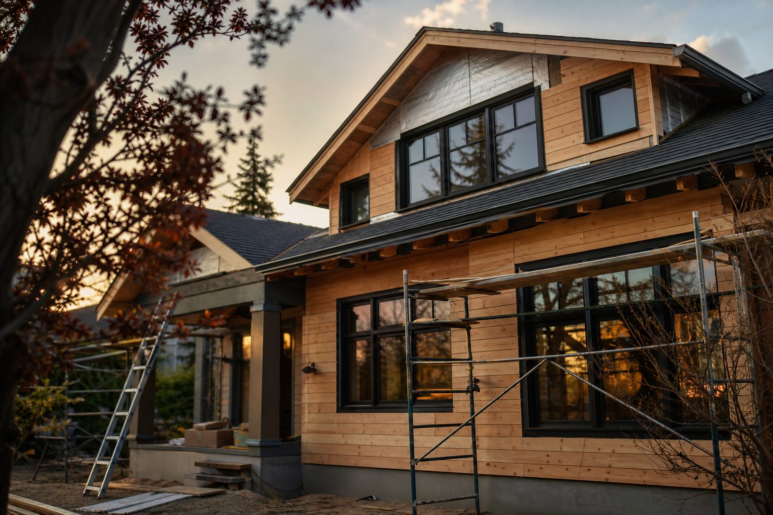 Craftsman-style Portland home under renovation at dusk with scaffolding in place