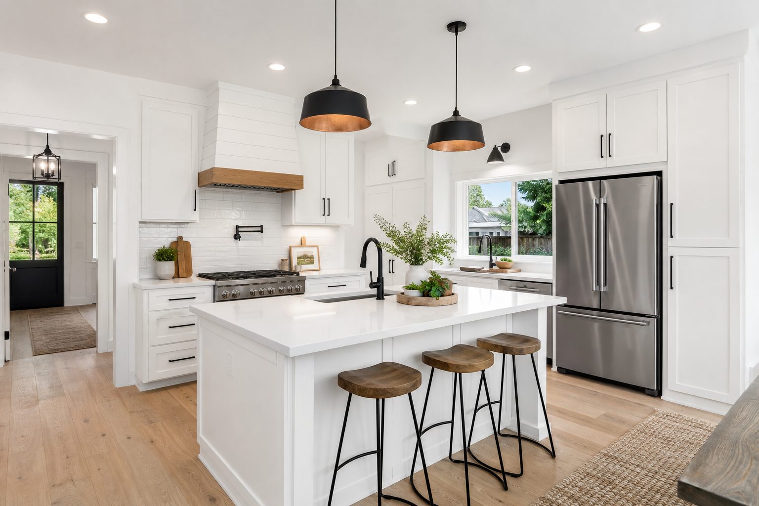 Concept image of a remodeled modern farmhouse kitchen with white shaker cabinets