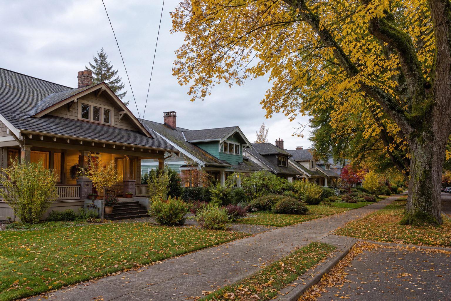 Tree-lined Portland Oregon residential street with craftsman bungalow homes